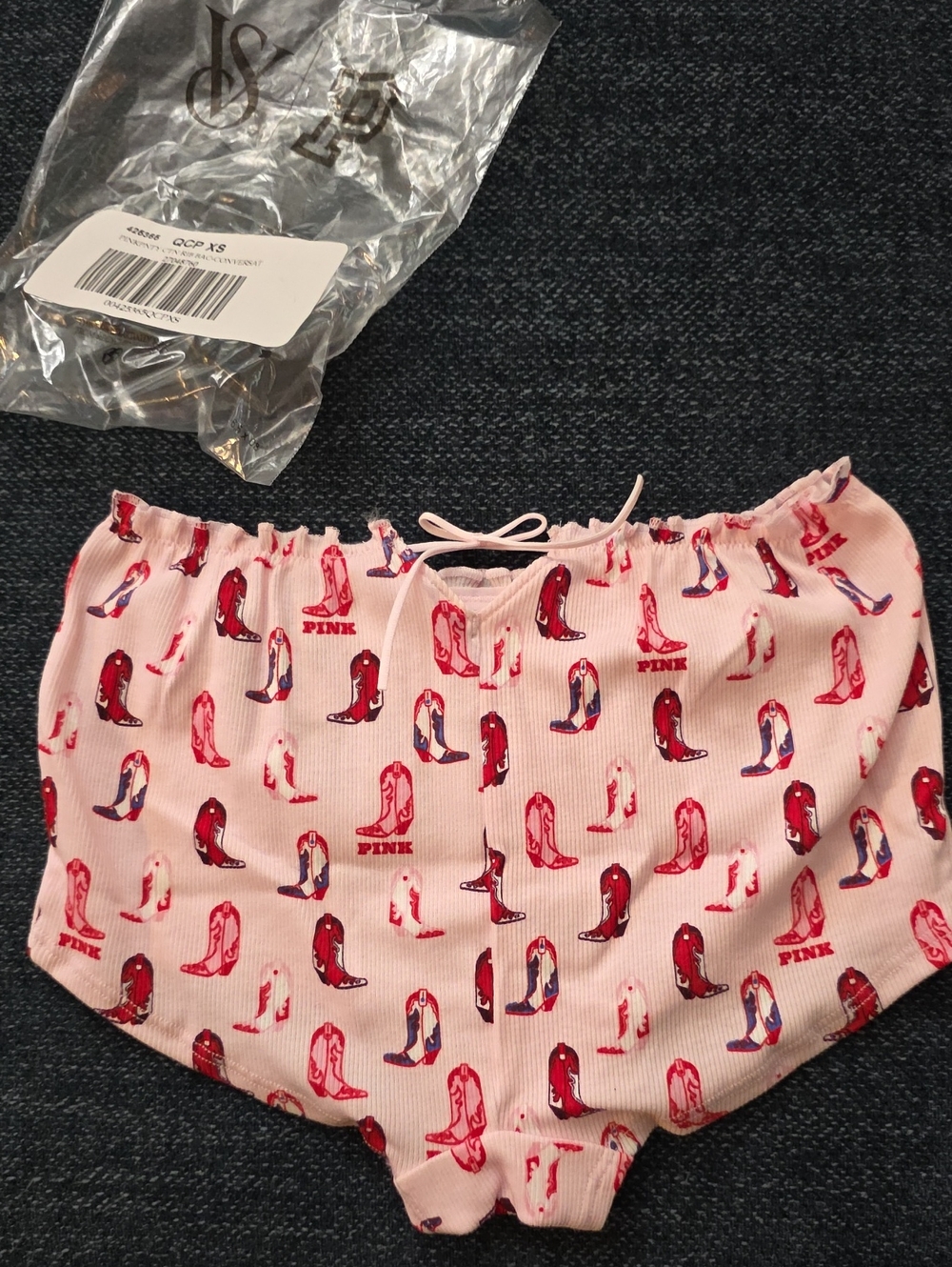 PINK Victoria's Secret Light Pink Ribbed Shorts with Red Cowboy Boot Print